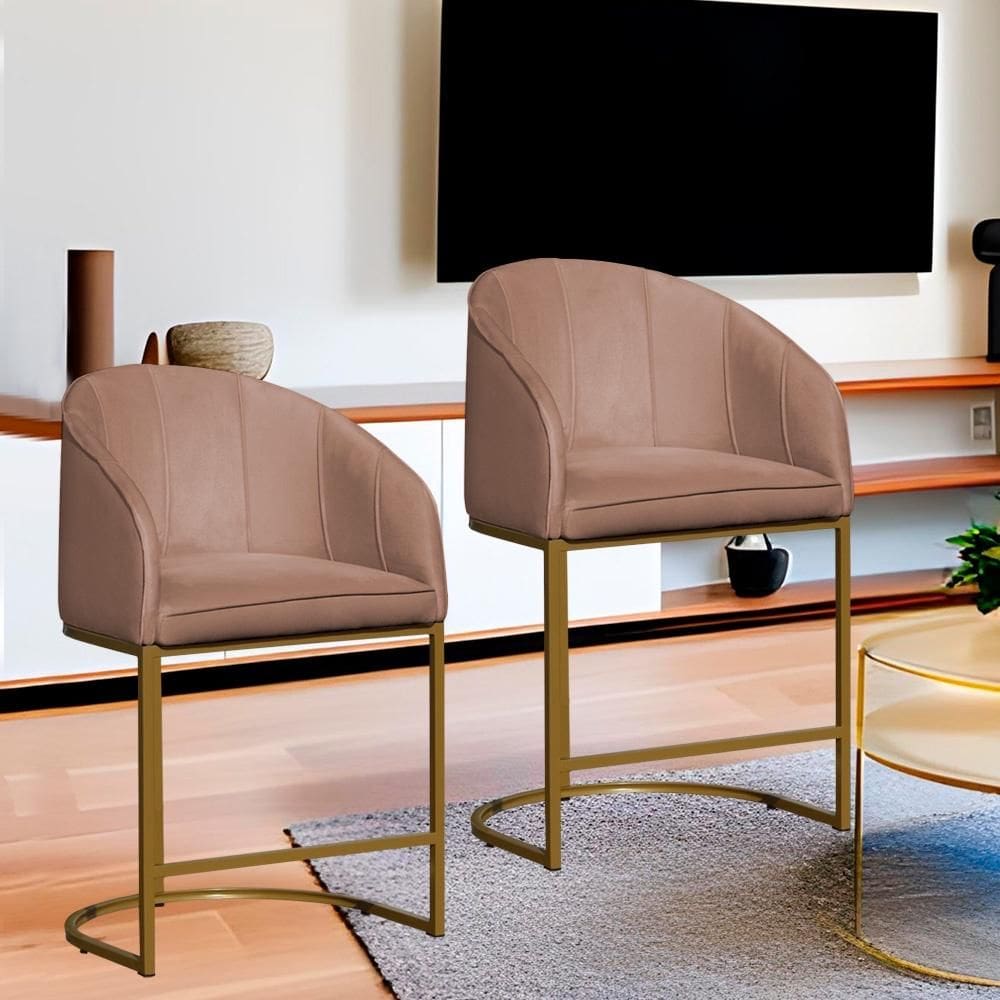 Kit 2 Poltronas Banqueta Decorativa Base Metal Mia Veludo Rosa - LM DECOR