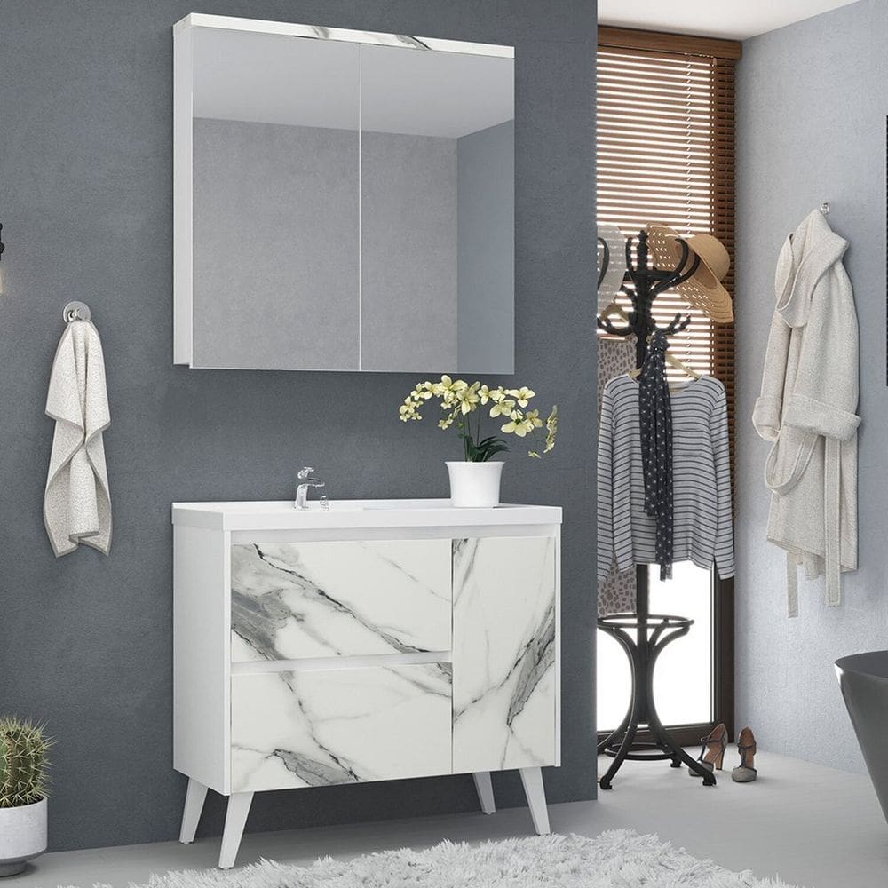 Gabinete de Banheiro 90cm com Lavatório e Armário Ref 910 Branco/Thassos