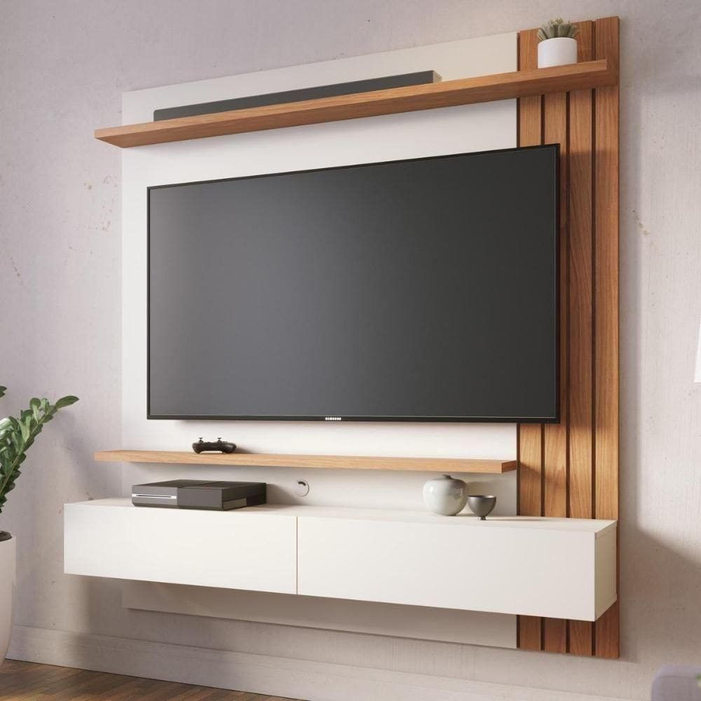 Painel Home Suspenso 2 Portas Tv`s 65 Juriti Off White Matte Freijó