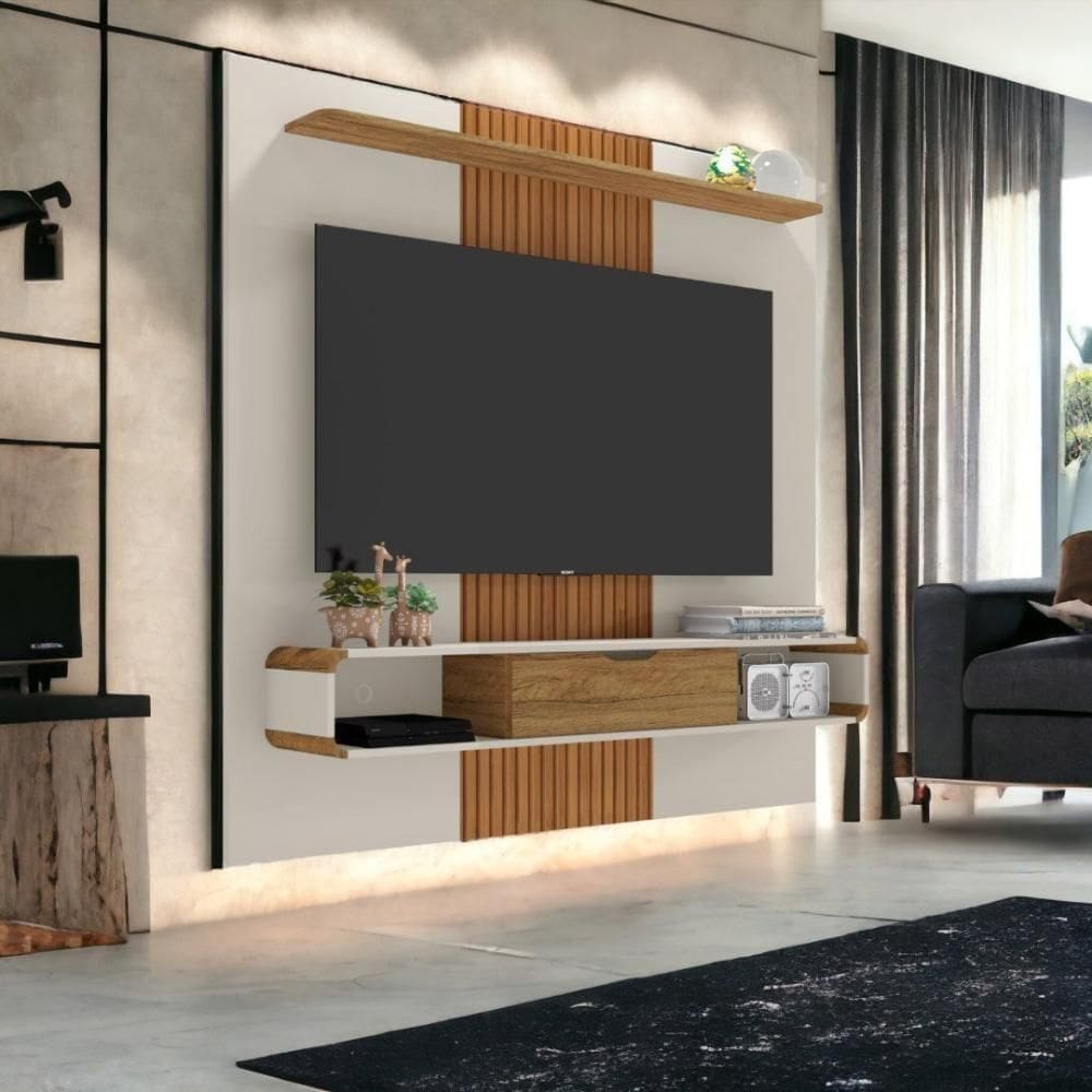 Painel Para Tvs 65 Lisboa Off White e Cinamomo Ripado Bechara
