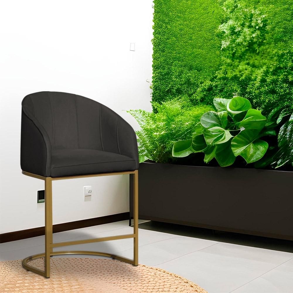 Poltrona Banqueta Decorativa Base Metal Mia Veludo Cinza - LM DECOR