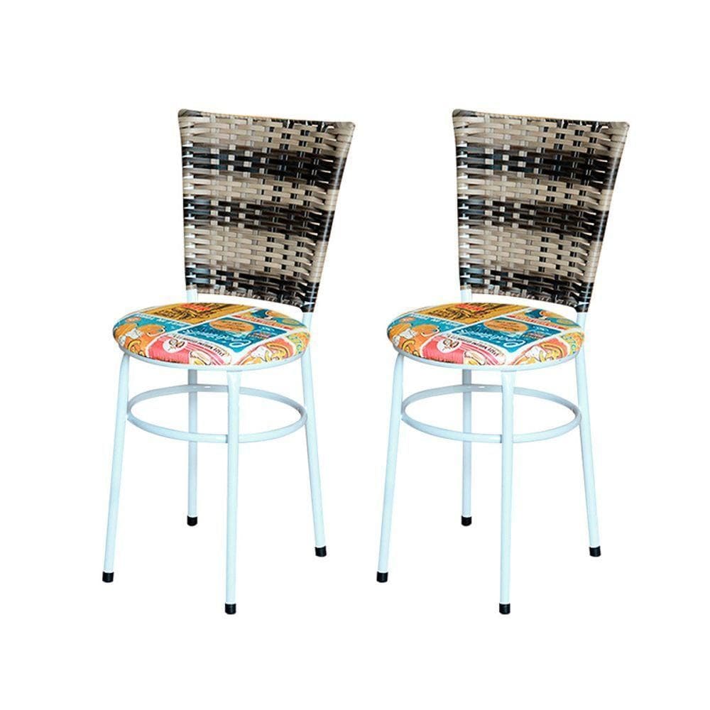 2 Cadeiras Branca Para Cozinha Hawai Cappuccino Premium Assento Floral Cor:happy Hour