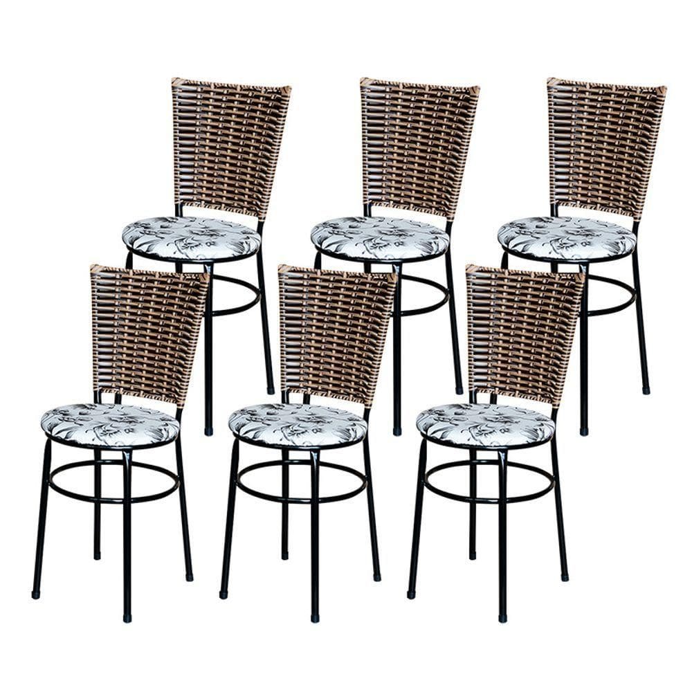 6 Cadeiras Para Mesa Preta Hawai Avelã Assento Floral Cor:floral Branco