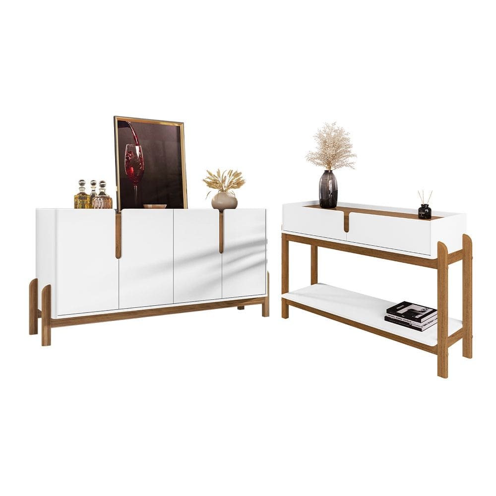 Conjunto Aparador e Buffet 170cm Lizz 04 Portas e 02 Gavetas Branco Cedro Casa D