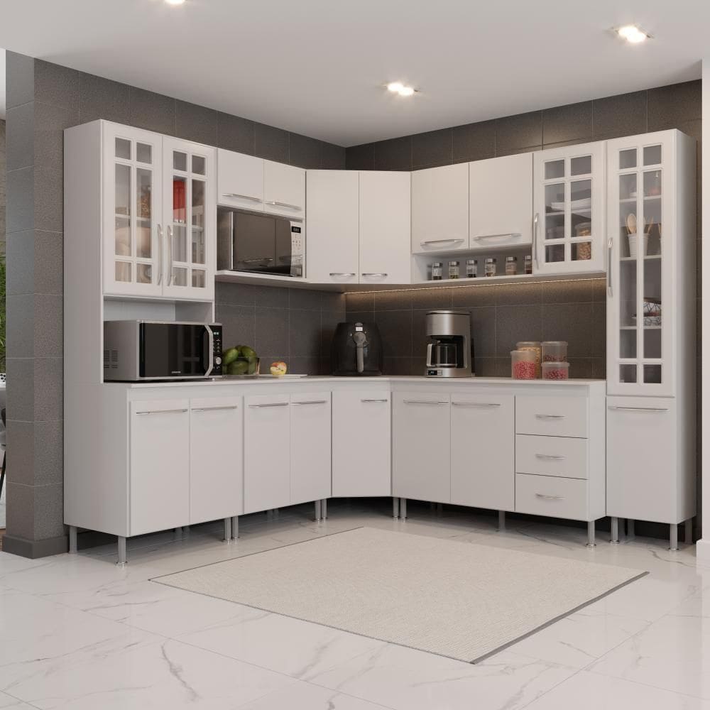 Cozinha Modulada Completa Fidelitá Viena 8 Peças 445cm 18 Portas 3 Gavetas Com Tampo Branco