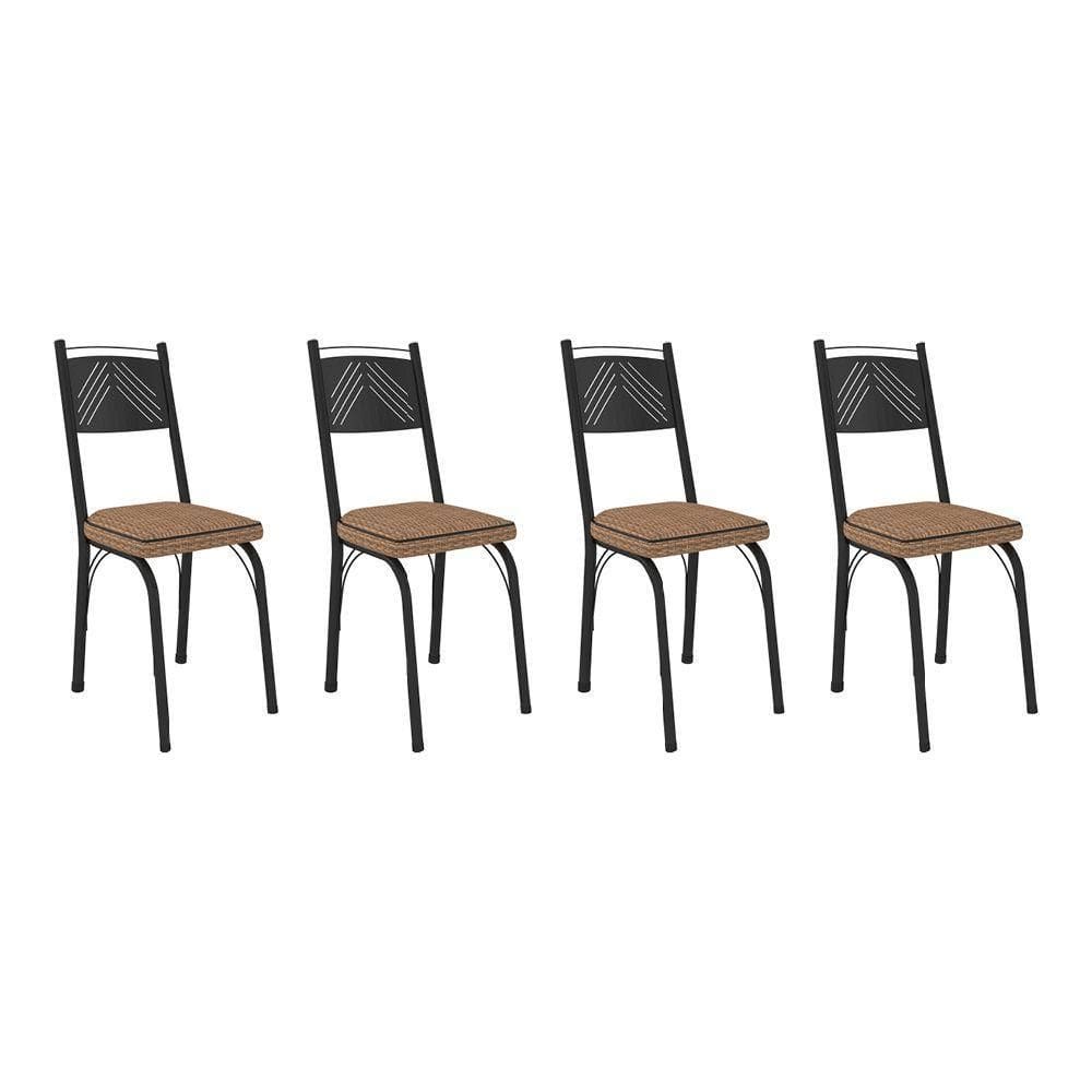 Kit 4 Cadeiras De Cozinha Virginia Estampado Rattan Bege Pés De Ferro Preto