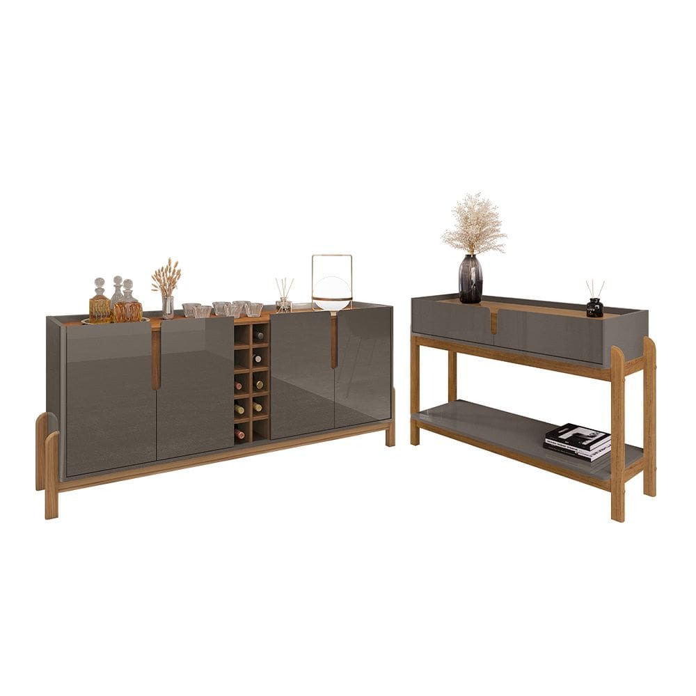 Conjunto Aparador e Buffet 190cm Lizz 04 Portas 02 Gavetas Cinza Pérola Cedro Casa D