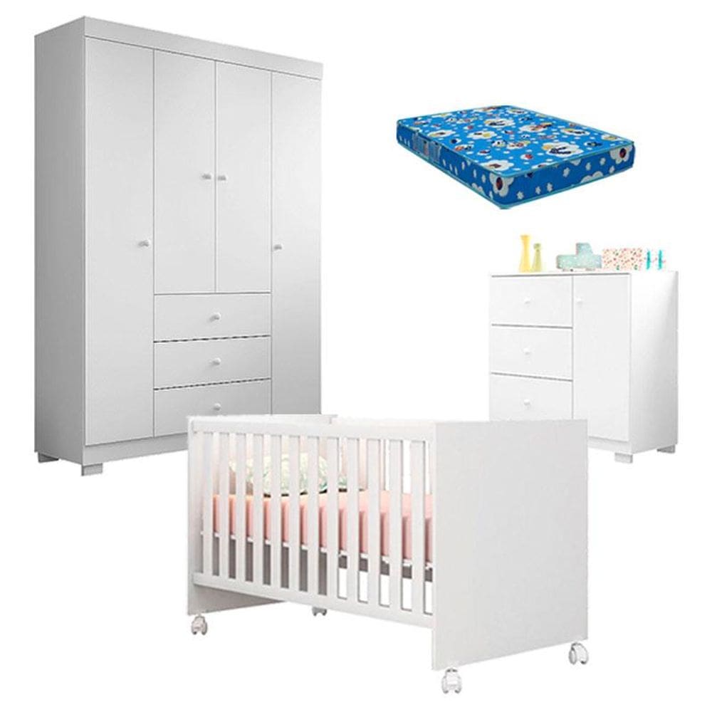 Quarto de Bebê Duda 4 Portas e Berço Americano Mini Cama Doce Sonho 100 Branco Brilho com Colchão Ortobom – Phoenix Baby