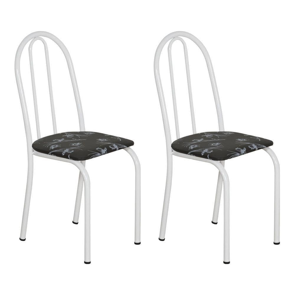 Kit 2 Cadeiras De Cozinha Califórnia Estampado Preto Florido Pés De Ferro Branco