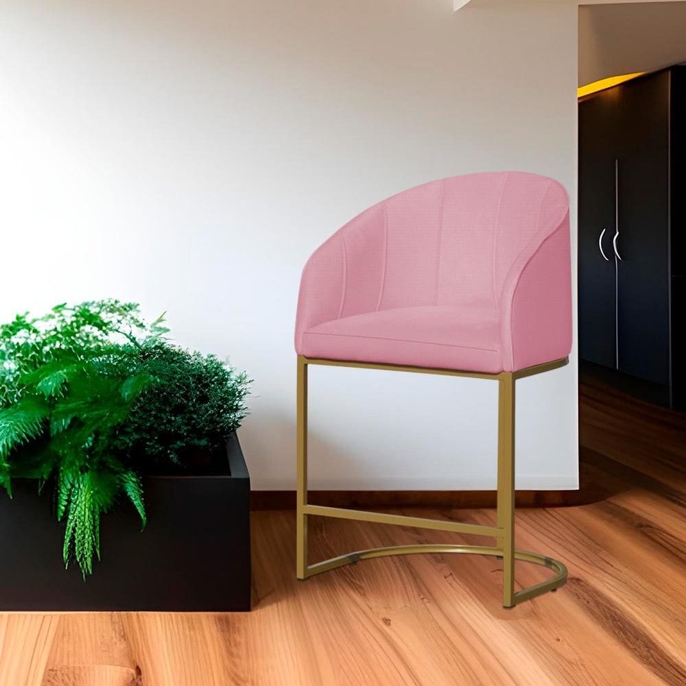 Poltrona Banqueta Decorativa Base Metal Mia Suede Rosa - LM DECOR
