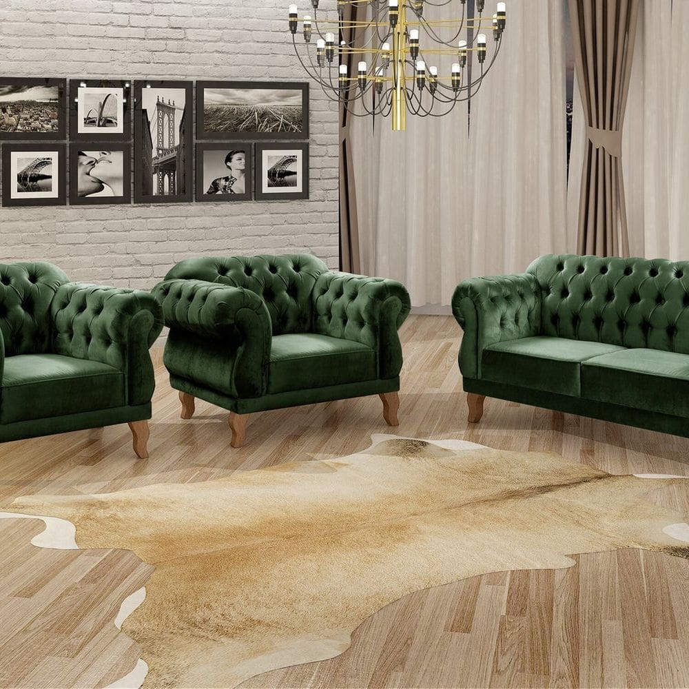Conjunto Sofá Duquesa Chesterfield 2 Lugares e 2 Poltronas Verde
