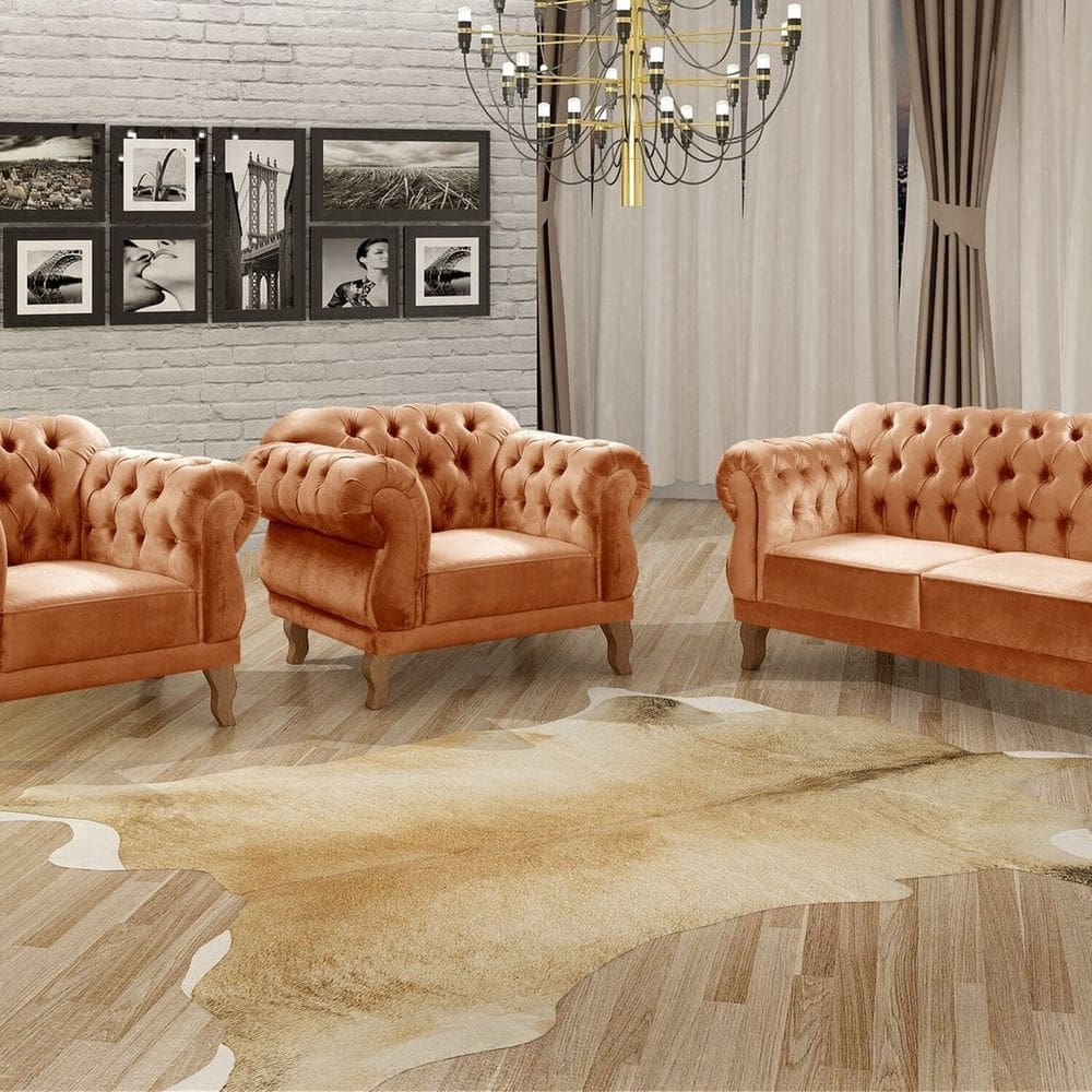 Conjunto Sofá Duquesa Chesterfield 2 Lugares e 2 Poltronas Terracota