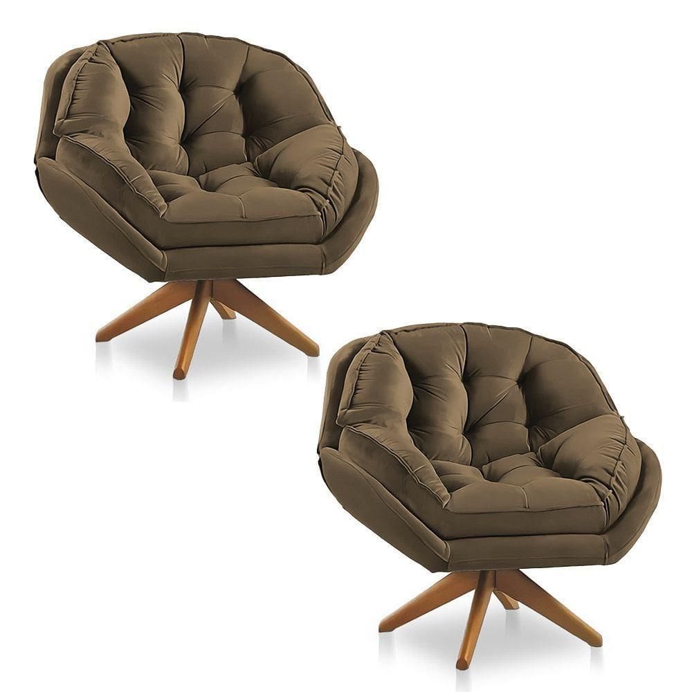 Kit 02 Poltronas Chicago Giratória Veludo Cappuccino Base De Madeira