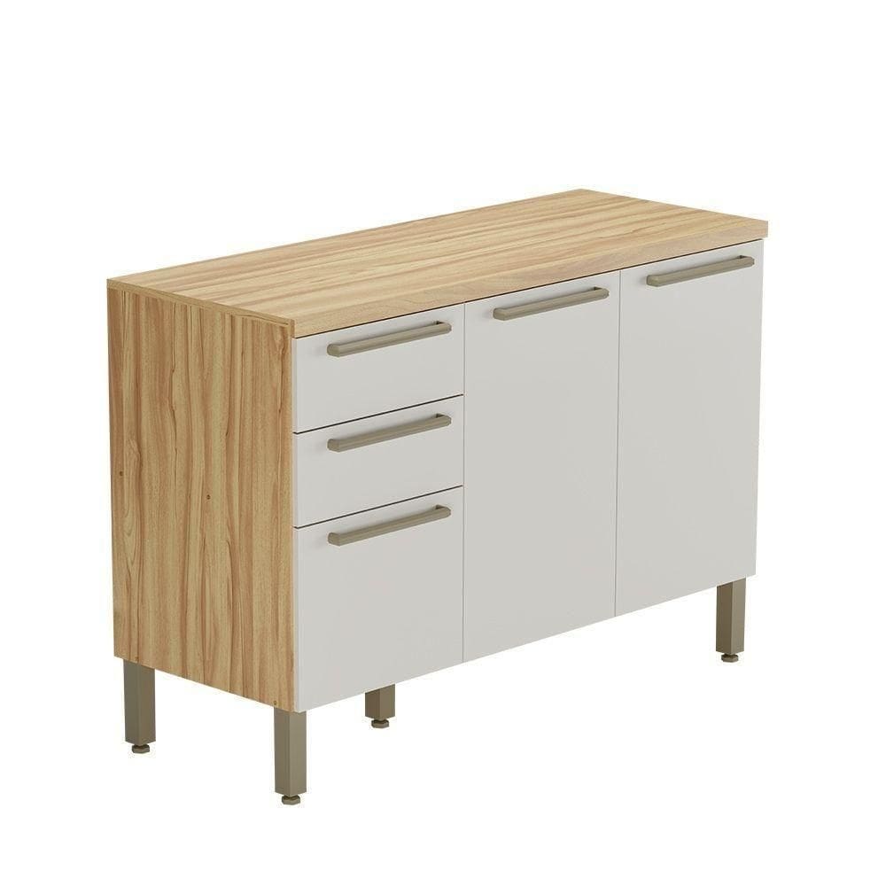 Balcão De Cozinha Com 3 Portas 2 Gavetas E Tampo 100% Mdf Napoli Prime Rio Doce Amendoa-off White