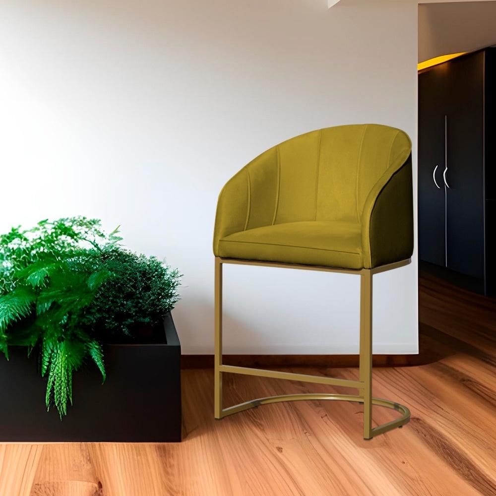 Poltrona Banqueta Decorativa Base Metal Mia Veludo Mostarda - LM DECOR