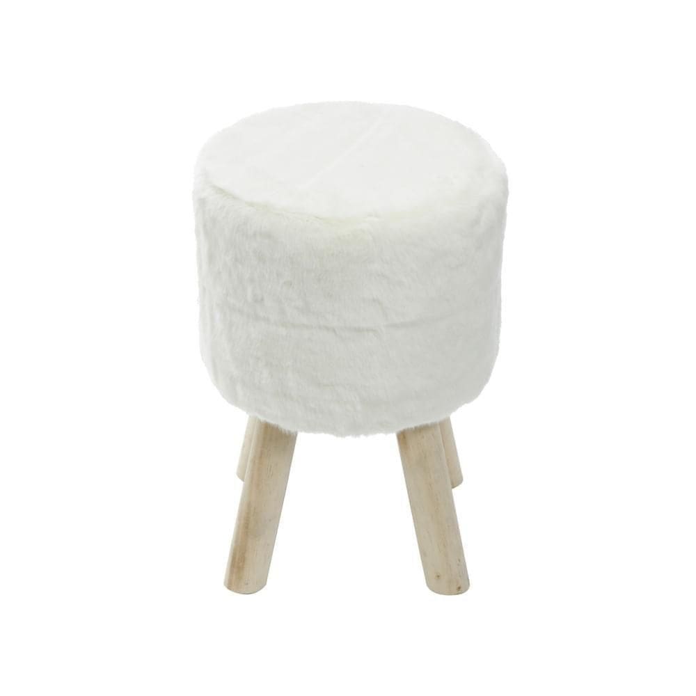 Puff Kitty Pelo Curto Branco Base Madeira