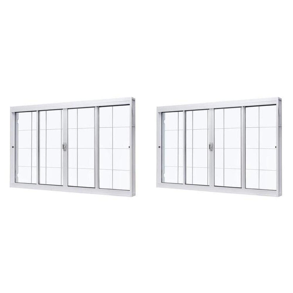 Kit com 2 Janelas de Aço de Correr Central 100x150cm 4 Folhascom Grade Quadriculada e Vidro Liso Branco