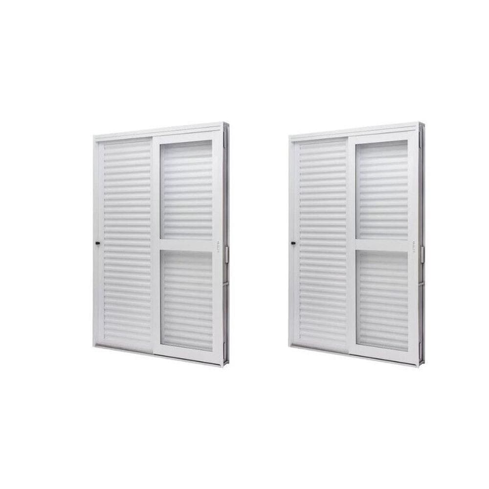 Kit com 2 Portas de Aço Veneziana de Correr Lateral 215x142cm 3 Folha Vidro Liso Qualitysol Branco