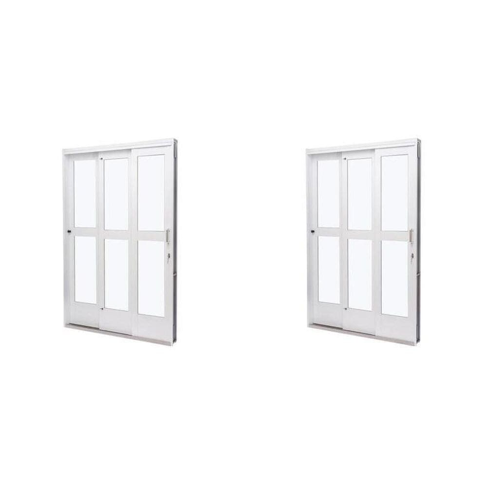 Kit com 2 Portas de Aço de Correr 215x200cm 3 Folhas Vidro Liso Qualitysol Ramassol Branco