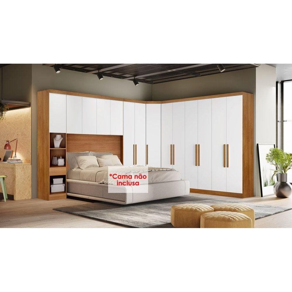 Quarto Casal Modulado Rizon 5 Peças (1 Armário Ponte + 1 Closet + 2 Guarda Roupas + 1 Complemento) QC203 Freijo Cumaru c/ Fendi - Novo Horizonte