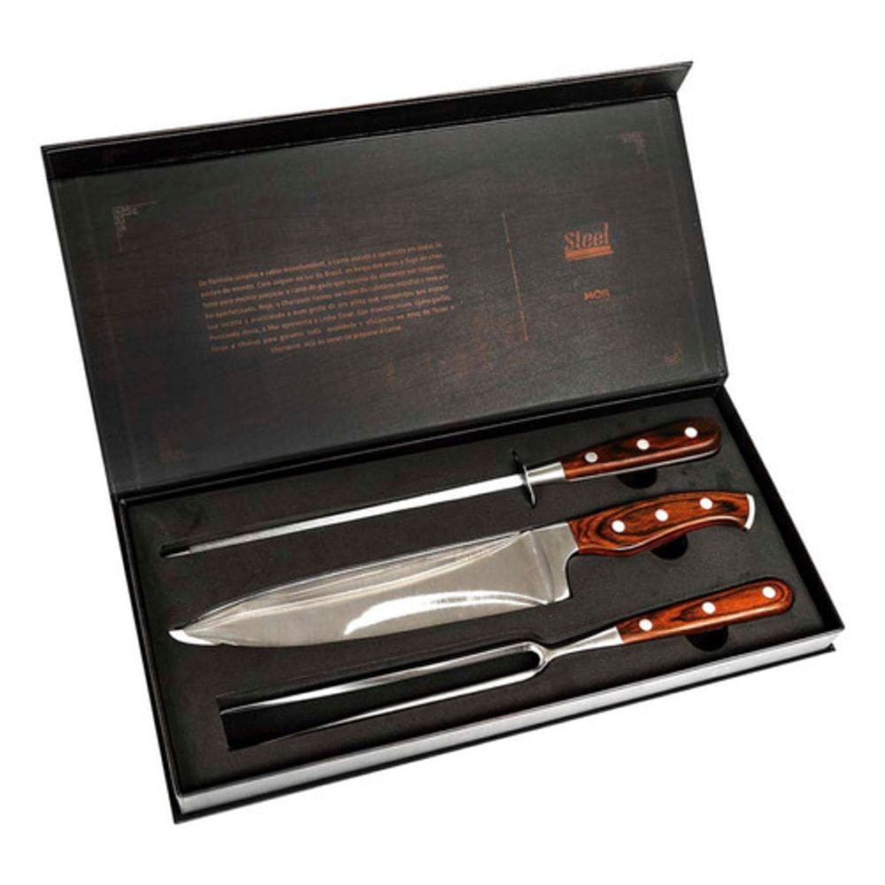 Conjunto Kit 3 Peças Para Churrasco De Inox Lâmina Inteiriça