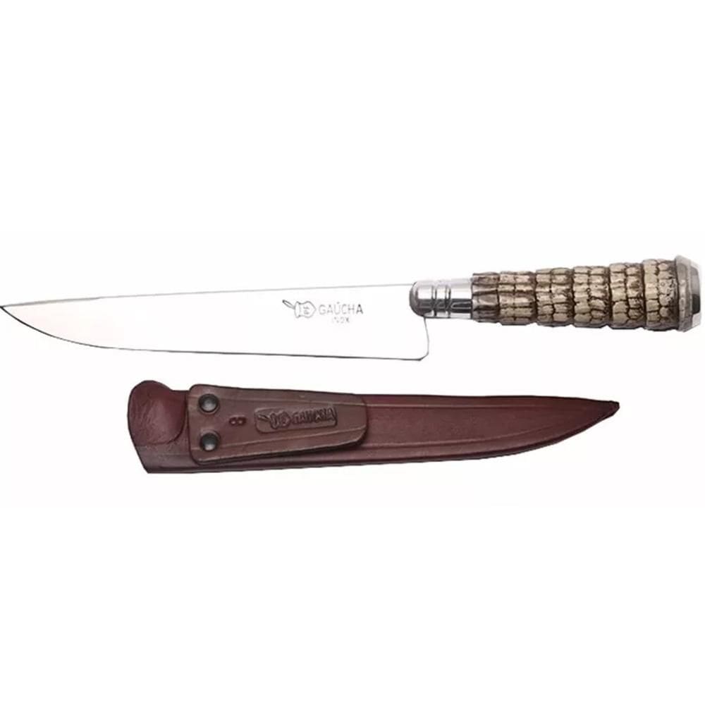 Faca Churrasco 6`` Aço Inox Cabo Rabo De Tatu e Bainha Couro