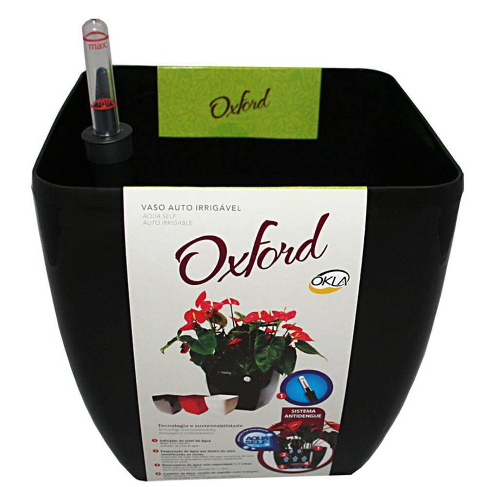 Vaso Autoirrigável Oxford Reservatório (16X16X15) Preto OKLA