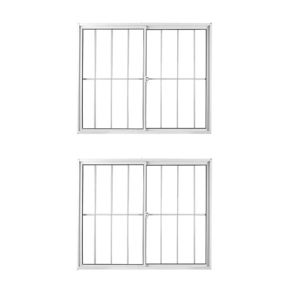 Kit com 2 Janelas de Alumínio de Correr 120x150cm 2 Folhas com Grade e Vidro Liso Linha Soft MGM Branco