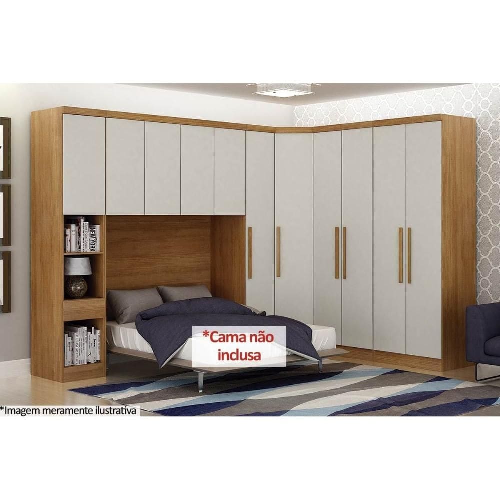 Quarto Modulado Casal Rizon 5 Peças (1 Armário Ponte + 1 Closet + 2 Guarda Roupas + 1 Complemento) QCM03 Freijo Cumaru c/ Fendi - Novo Horizonte