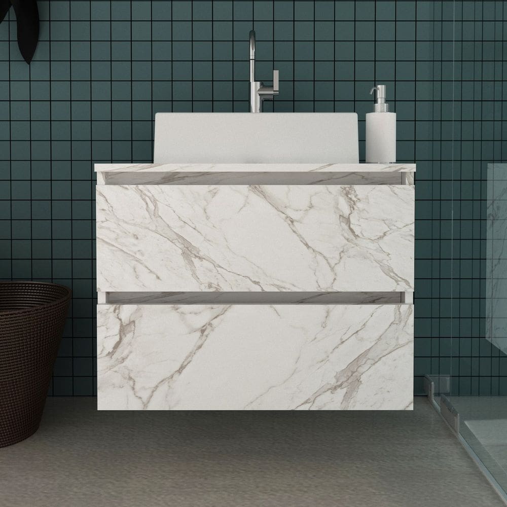 Gabinete Suspenso de Banheiro com 2 Gavetas 60x45cm Mármore Branco Tecno Mobili