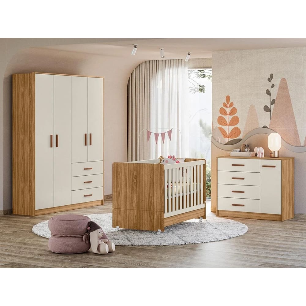 Jogo de Quarto Infantil Pérola com Berço Mini Cama Nature Branco Off - Peternella