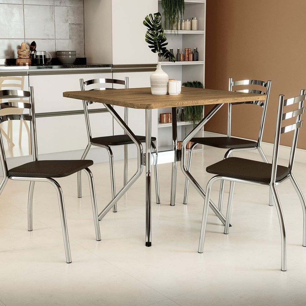 Conjunto Mesa Loire 4 Cadeiras Portugal Cromado/Marrom/Preto