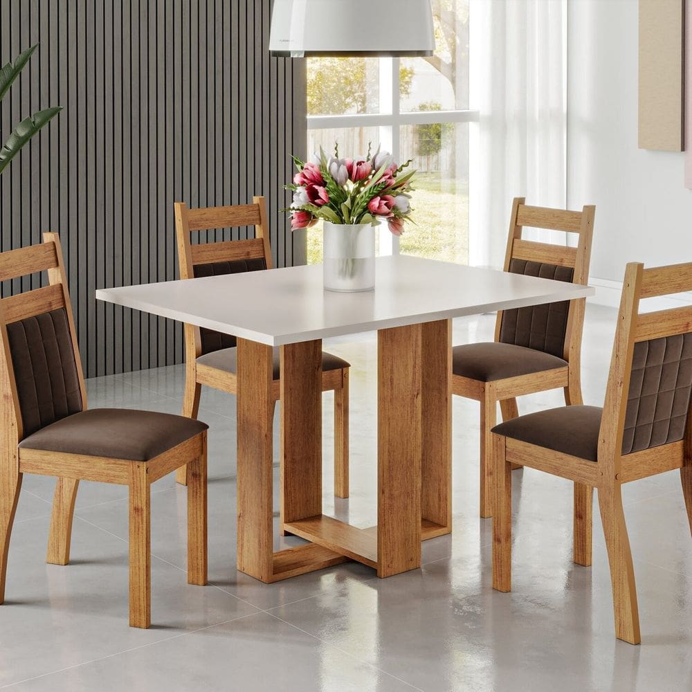 Mesa de Jantar Retangular Eudora 1,20x80 com 4 Cadeiras Sicilia Mel/Blonde/Bombom