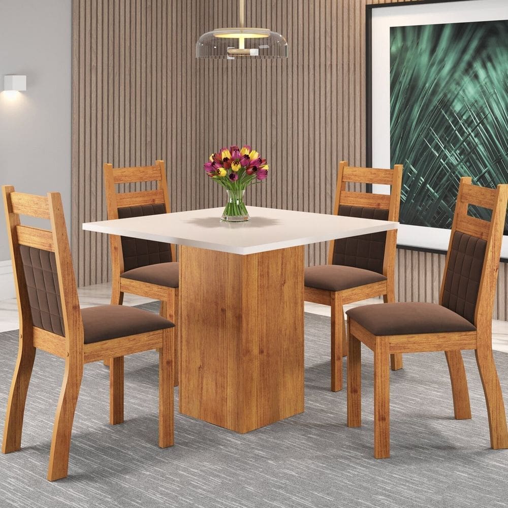 Mesa de Jantar Quadrada 90x90 Inoar com 4 Cadeiras Sicilia Mel/ Blonde/ Bombom