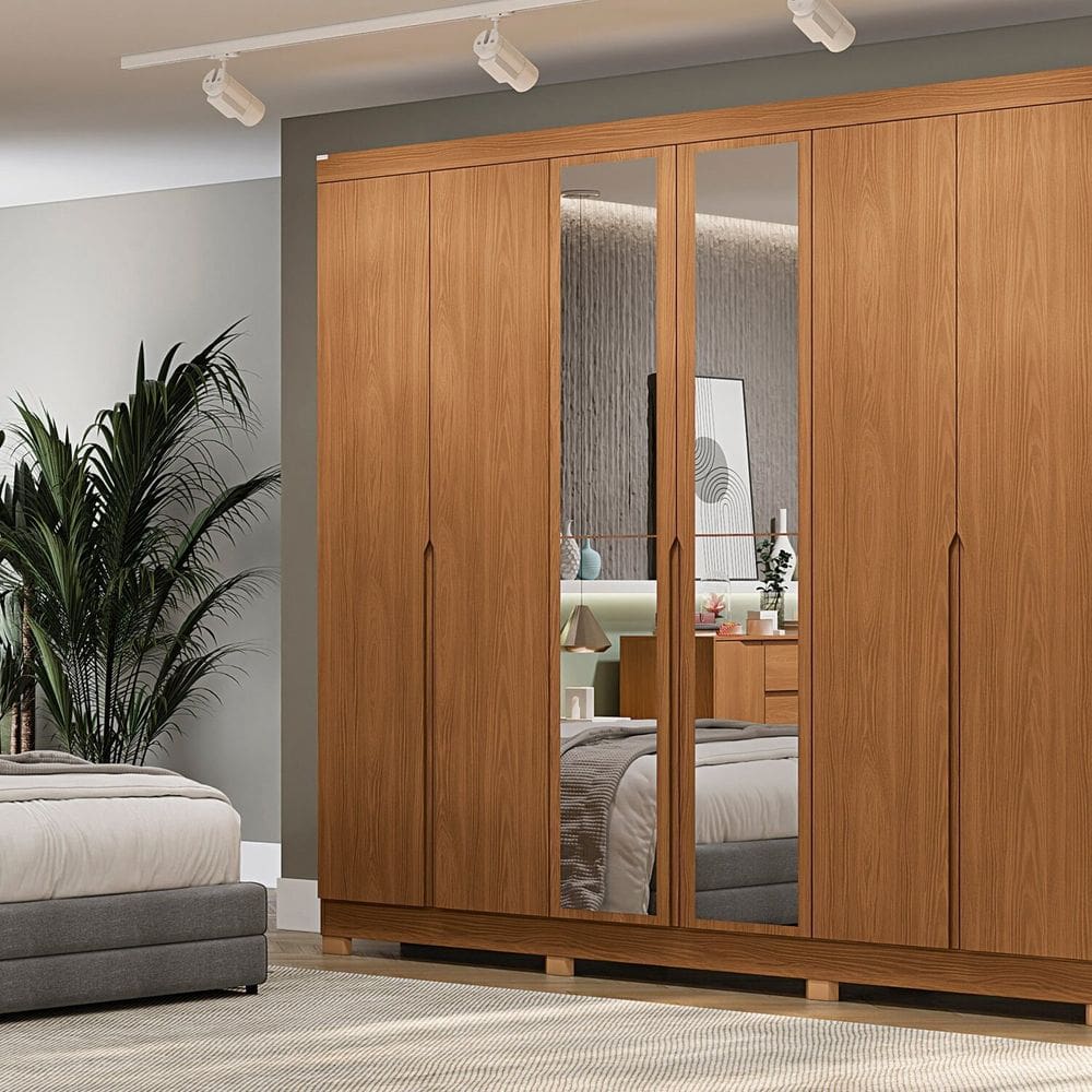 Guarda-roupa 6 Portas com Espelhos e Pés Canela
