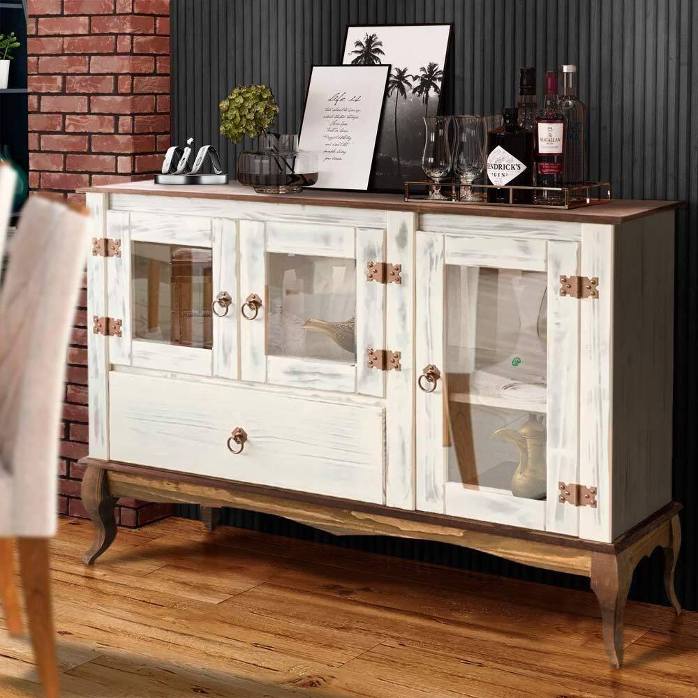 Aparador Rústico Madeira Maciça 3 Portas Vidro Branco Garapa D125 Denk