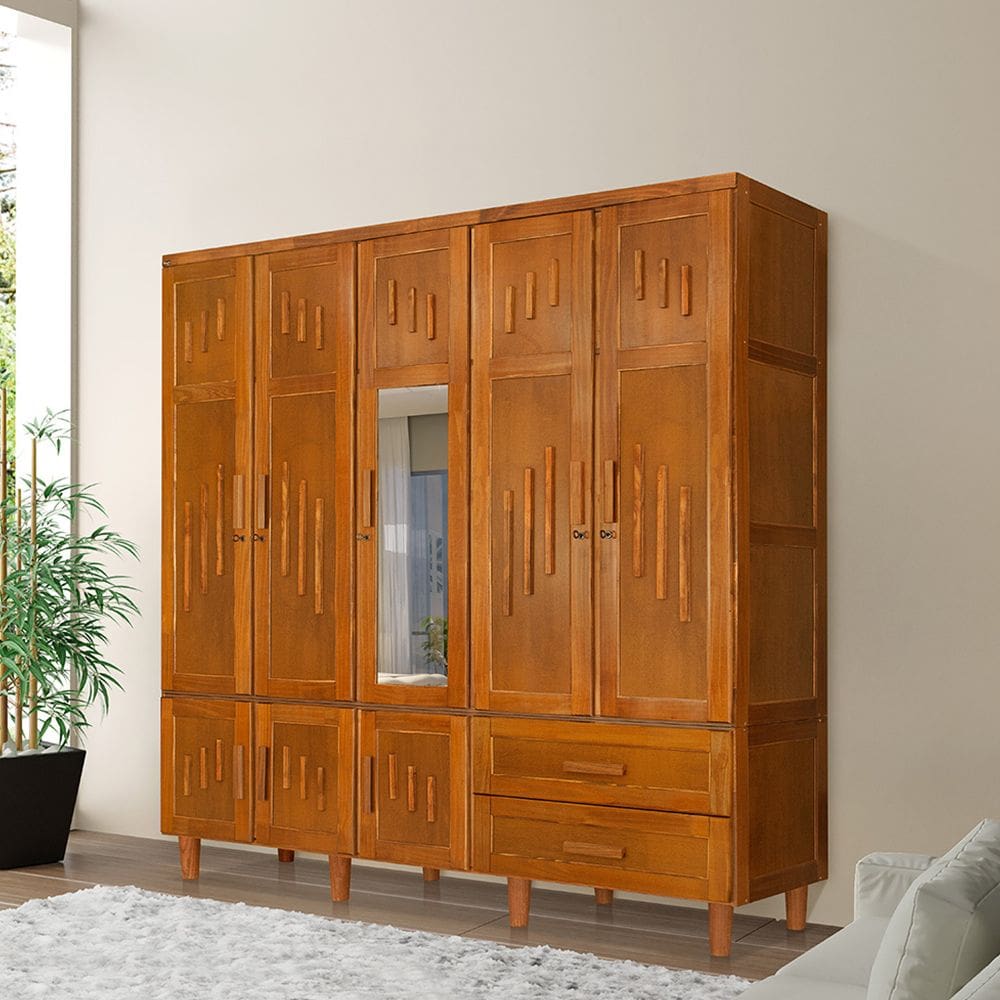Guarda Roupa em Madeira Maciça 5 Portas 1 Porta com Espelho Imperatriz Castanho
