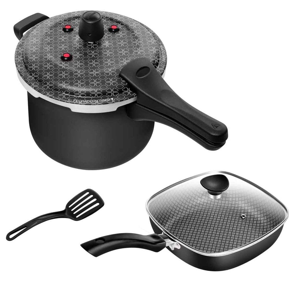 Kit Frigideira Quadrada Antiaderente Funda N° 23 + Panela De Pressão Fechamento Externo 5L Preto Patolux