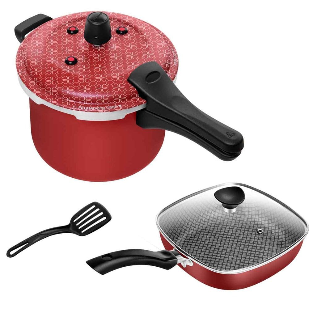 Kit Frigideira Quadrada Antiaderente Funda N° 23 + Panela De Pressão Fechamento Externo 5L Vermelho Patolux