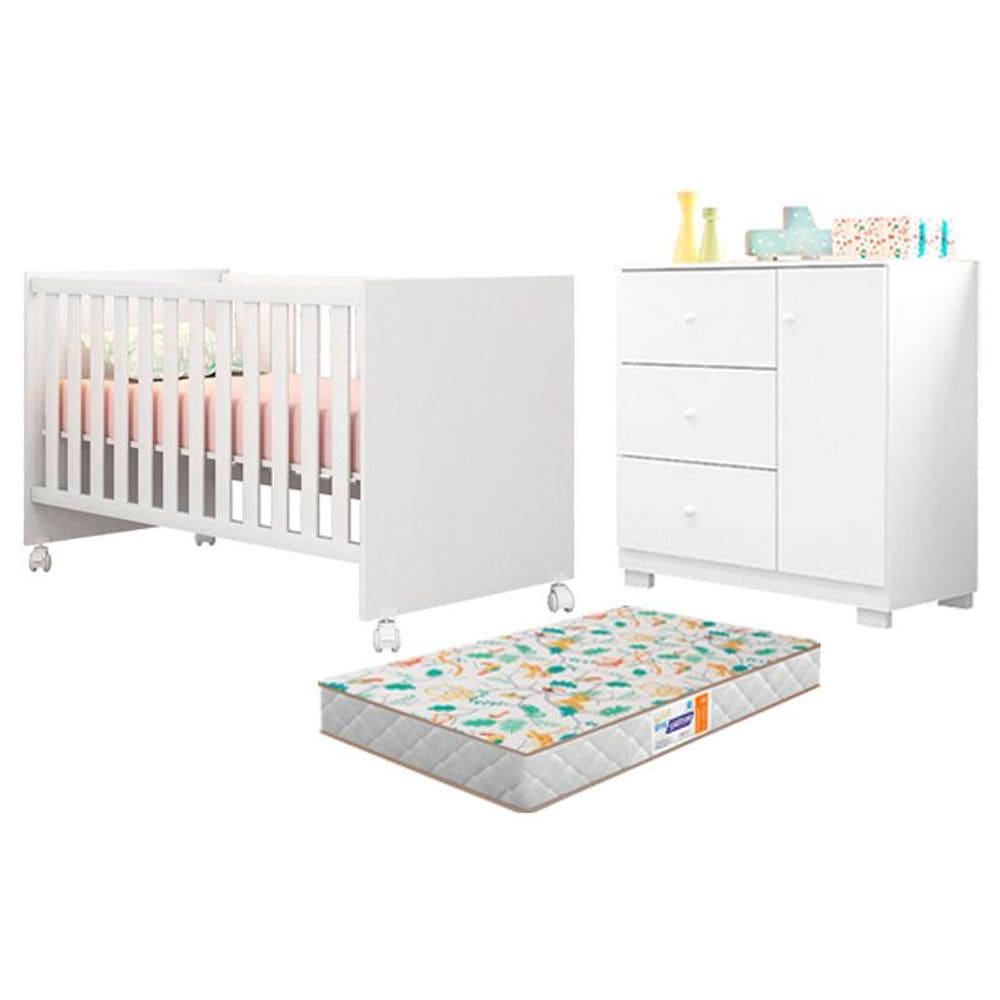 Berço Americano Mini Cama Doce Sonho 100 e Cômoda Infantil Duda Branco Brilho com Colchão Gazin – Phoenix Baby