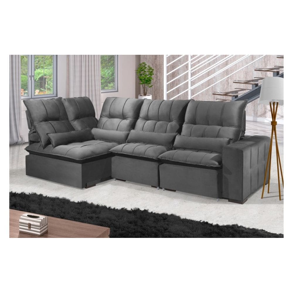 Sofá Retrátil Reclinável ELLOA DE CANTO COM CHAISE 3.05 x 1.80m ESTILO ESTOFADOS - França Velusoft COR "CINZA"