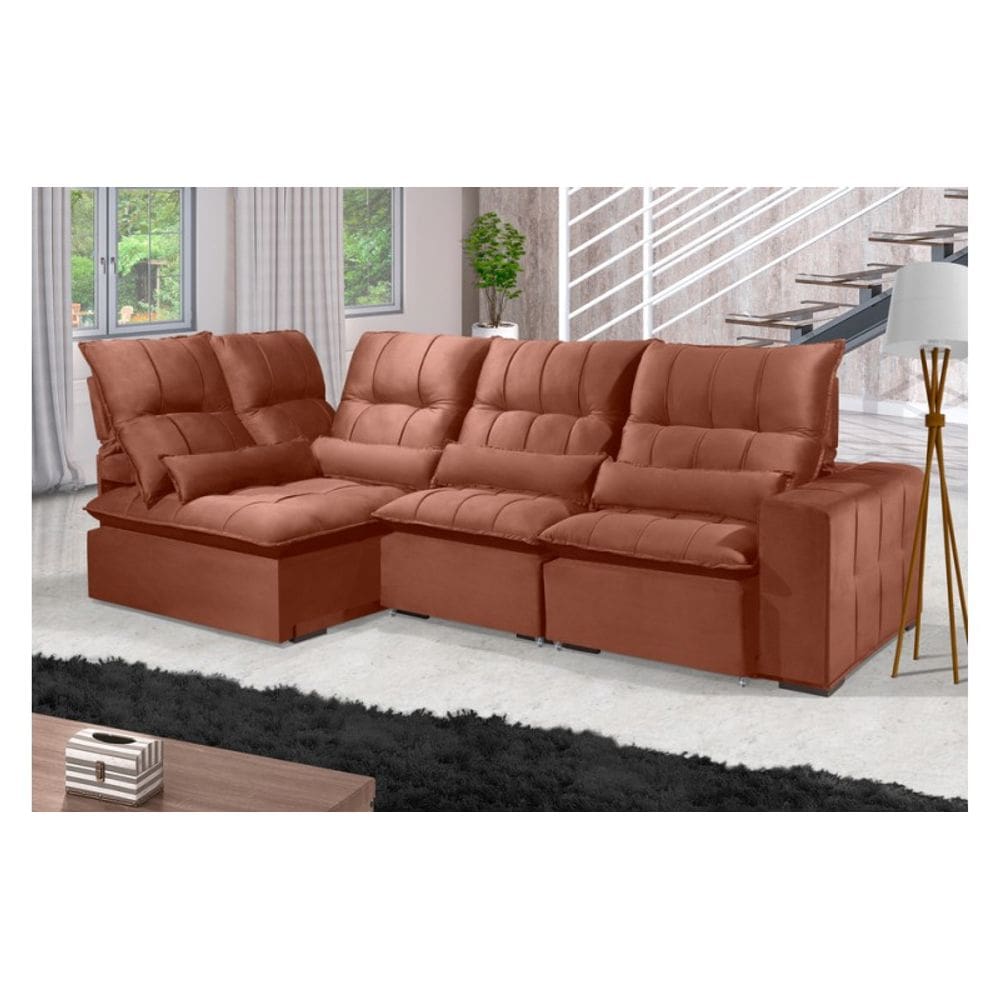 Sofá Retrátil Reclinável ELLOA DE CANTO COM CHAISE 3.05 x 1.80m ESTILO ESTOFADOS - França Velusoft COR "TERRACOTA"