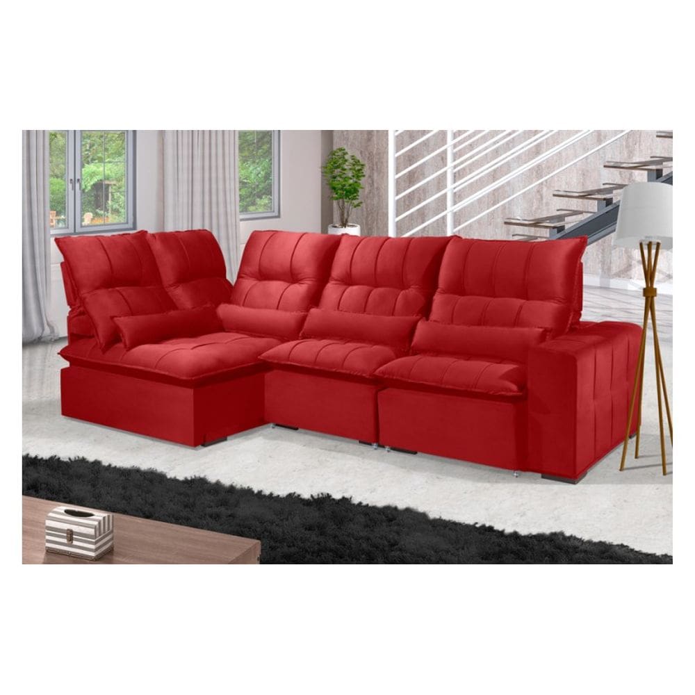 Sofá Retrátil Reclinável ELLOA DE CANTO COM CHAISE 3.05 x 1.80m ESTILO ESTOFADOS - França Velusoft COR "VERMELHO"