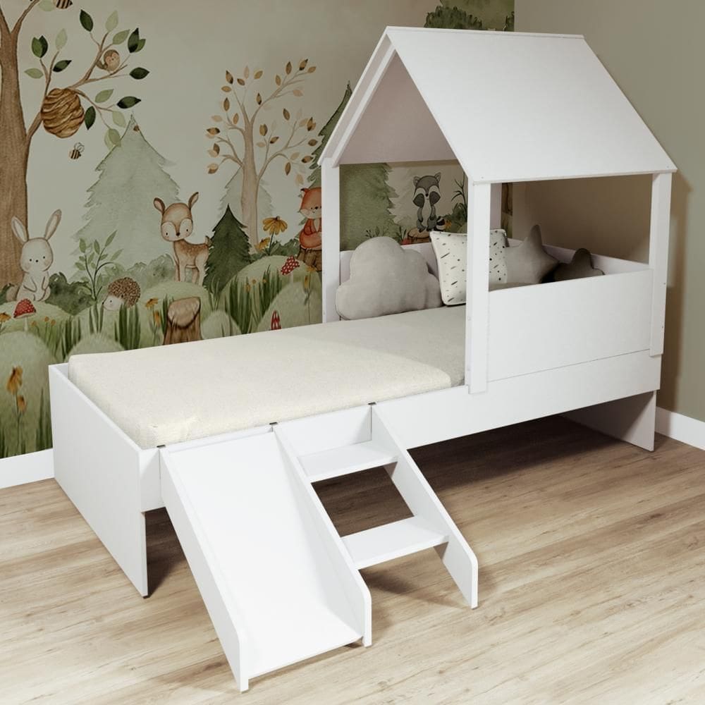 Cama Casinha com Telhado Mdf e Escada/ Escorregador Branco Mobilistore