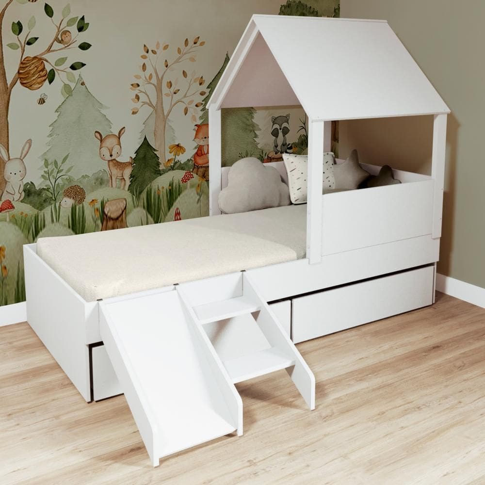 Cama Casinha com Telhado Mdf 02 Gavetas e Escada/ Escorregador Branco Mobilistore