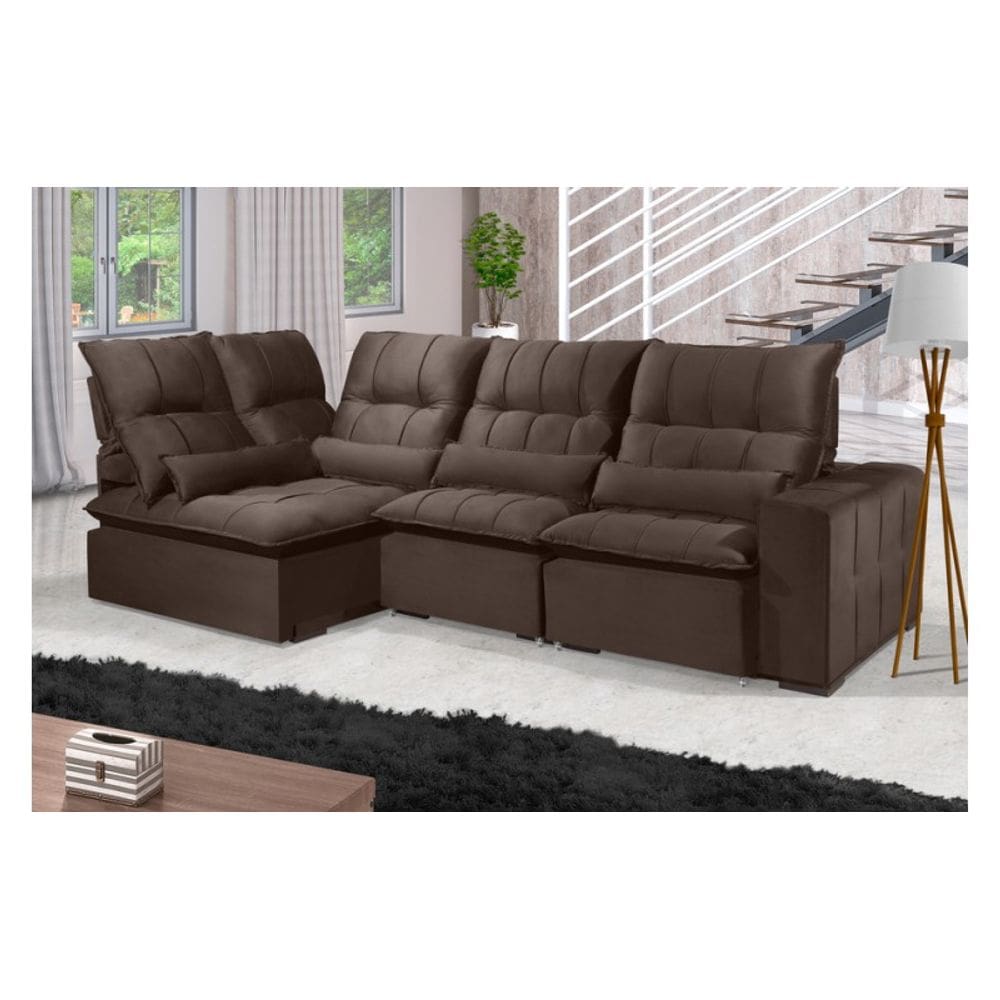 Sofá Retrátil Reclinável ELLOA DE CANTO COM CHAISE 3.25 x 1.80m ESTILO ESTOFADOS - França Velusoft COR "MARROM"