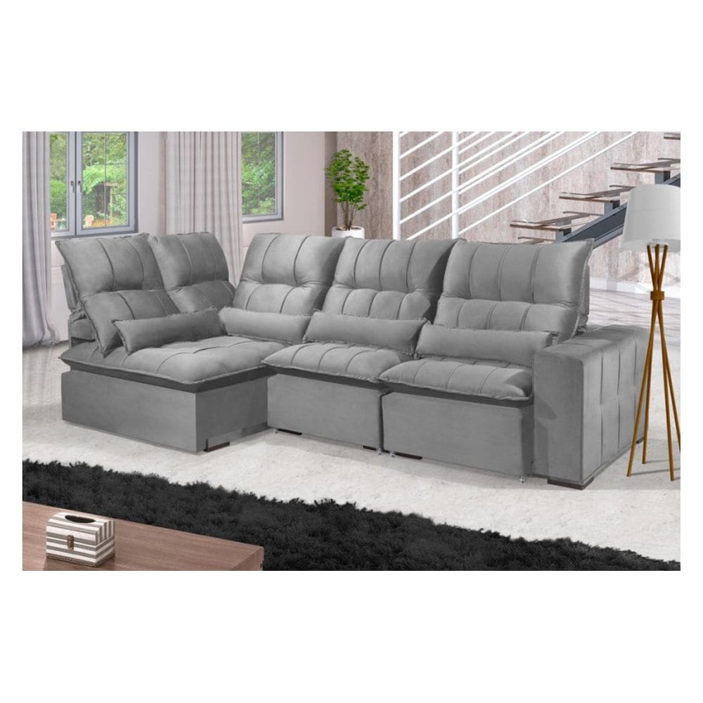 Sofá Retrátil Reclinável ELLOA DE CANTO COM CHAISE 3.25 x 1.80m ESTILO ESTOFADOS - França Velusoft COR "PRATA"