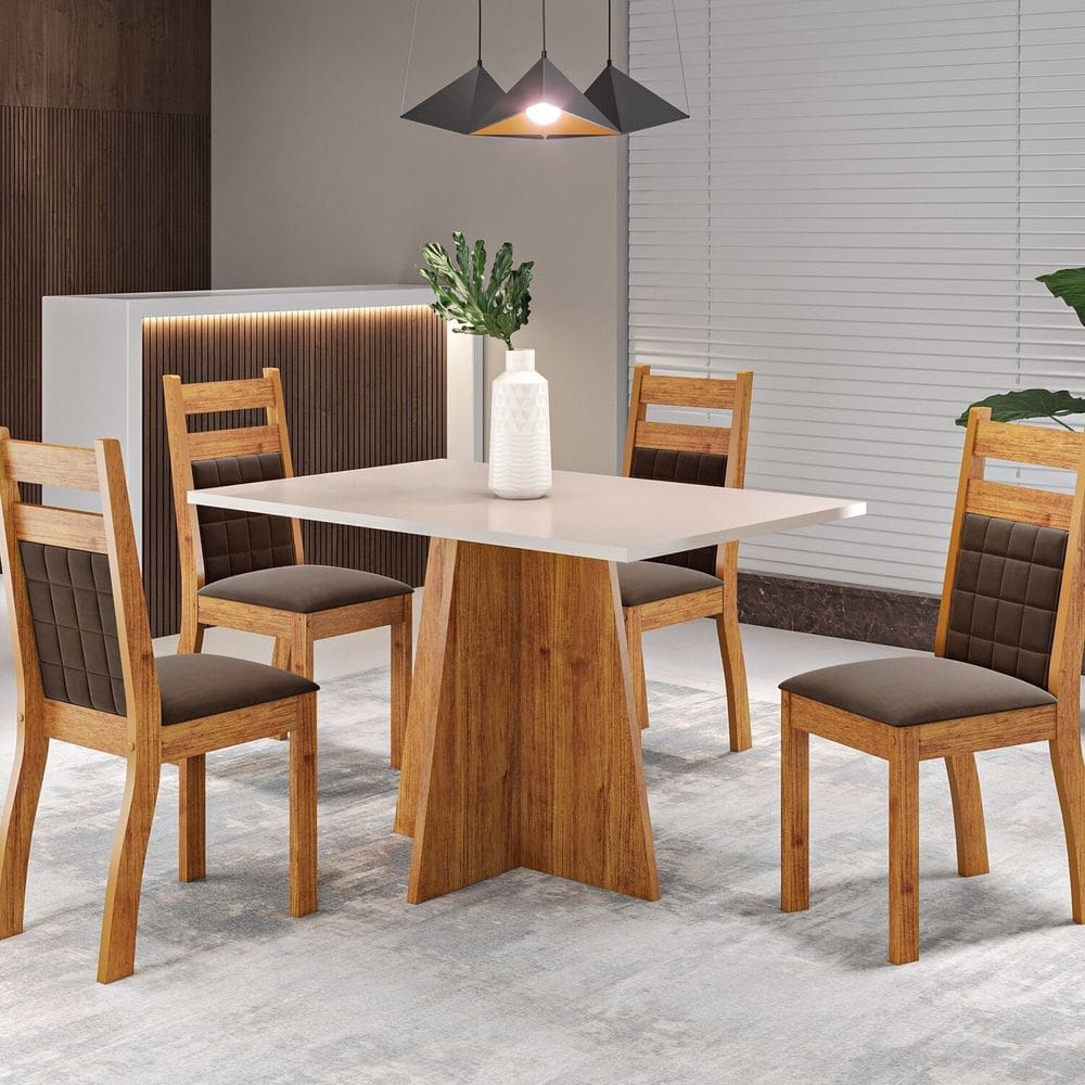 Mesa de Jantar Retangular 1,20x80 Dalbelle com 4 Cadeiras Sicilia Mel/Blonde/Bombom