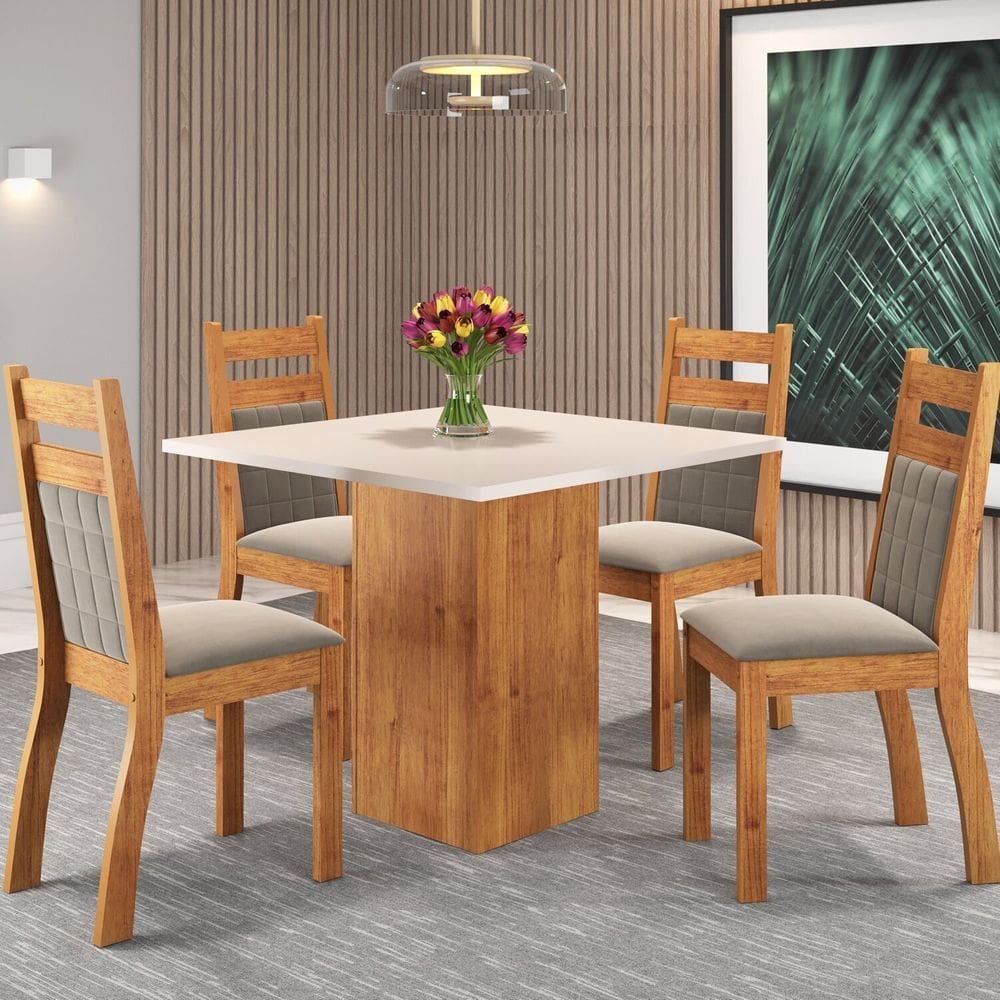 Mesa de Jantar Quadrada 90x90 Inoar com 4 Cadeiras Sicilia Mel/ Blonde/ Perola