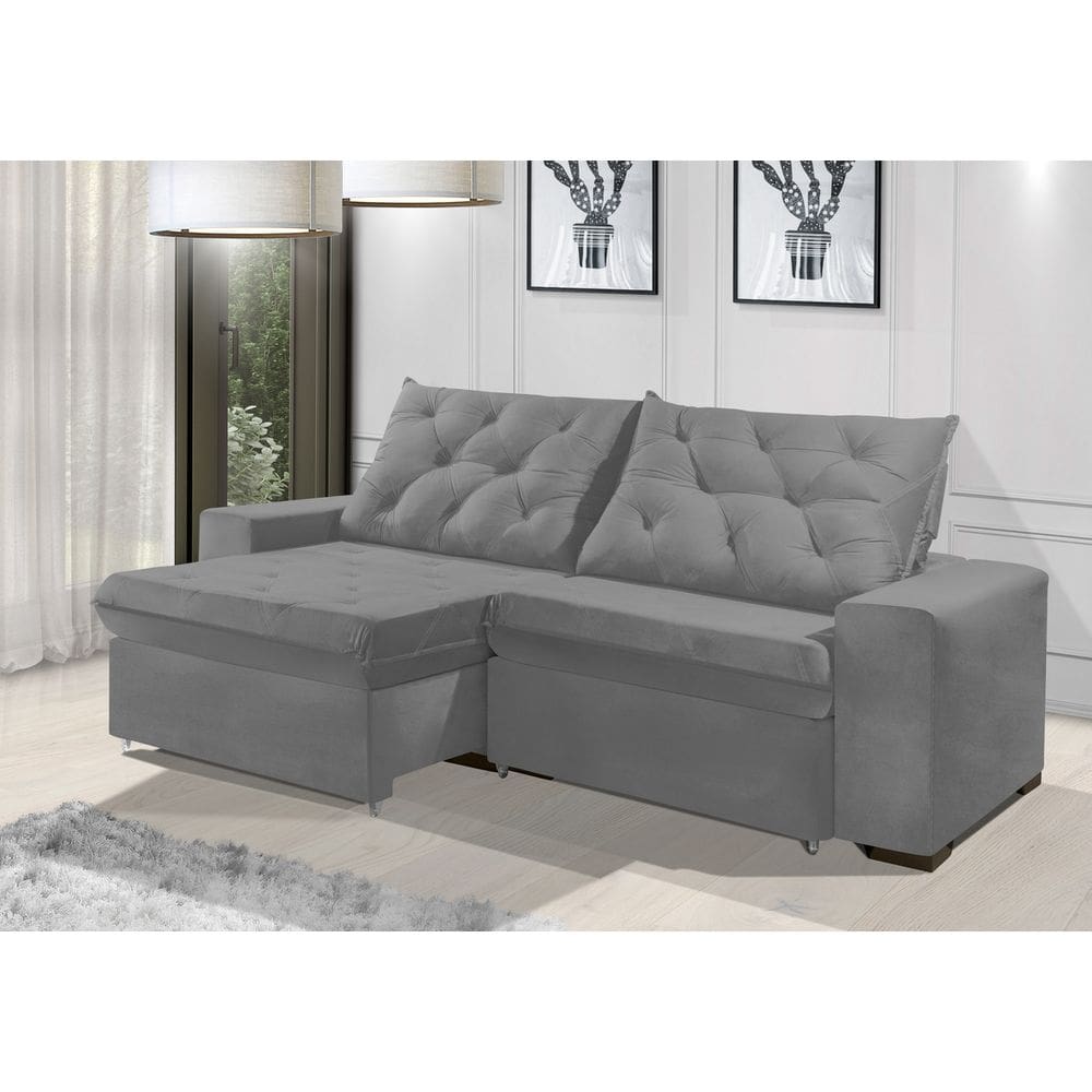Sofá Retrátil e Reclinável 2.50m ESTILO ESTOFADOS - EUROPA com SoftGel D33 Velupluma "Prata"